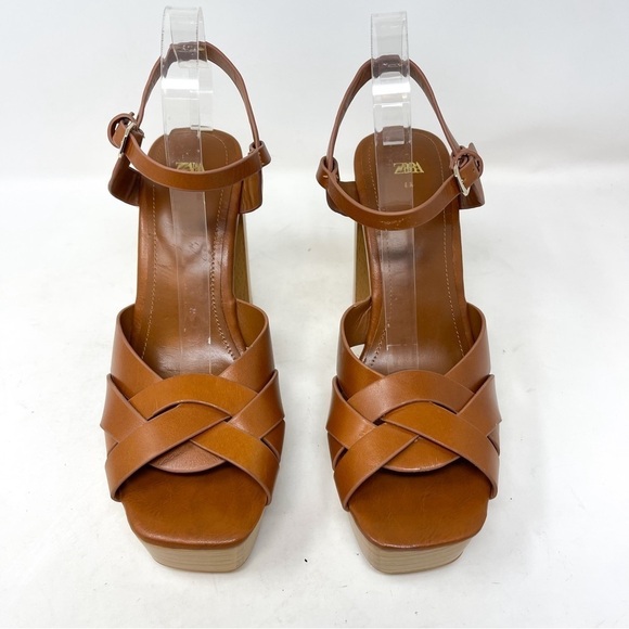 NEW Zara Leather Platform retro chunky Strappy Wooden Heeled Sandals Size 41 - Picture 5 of 10
